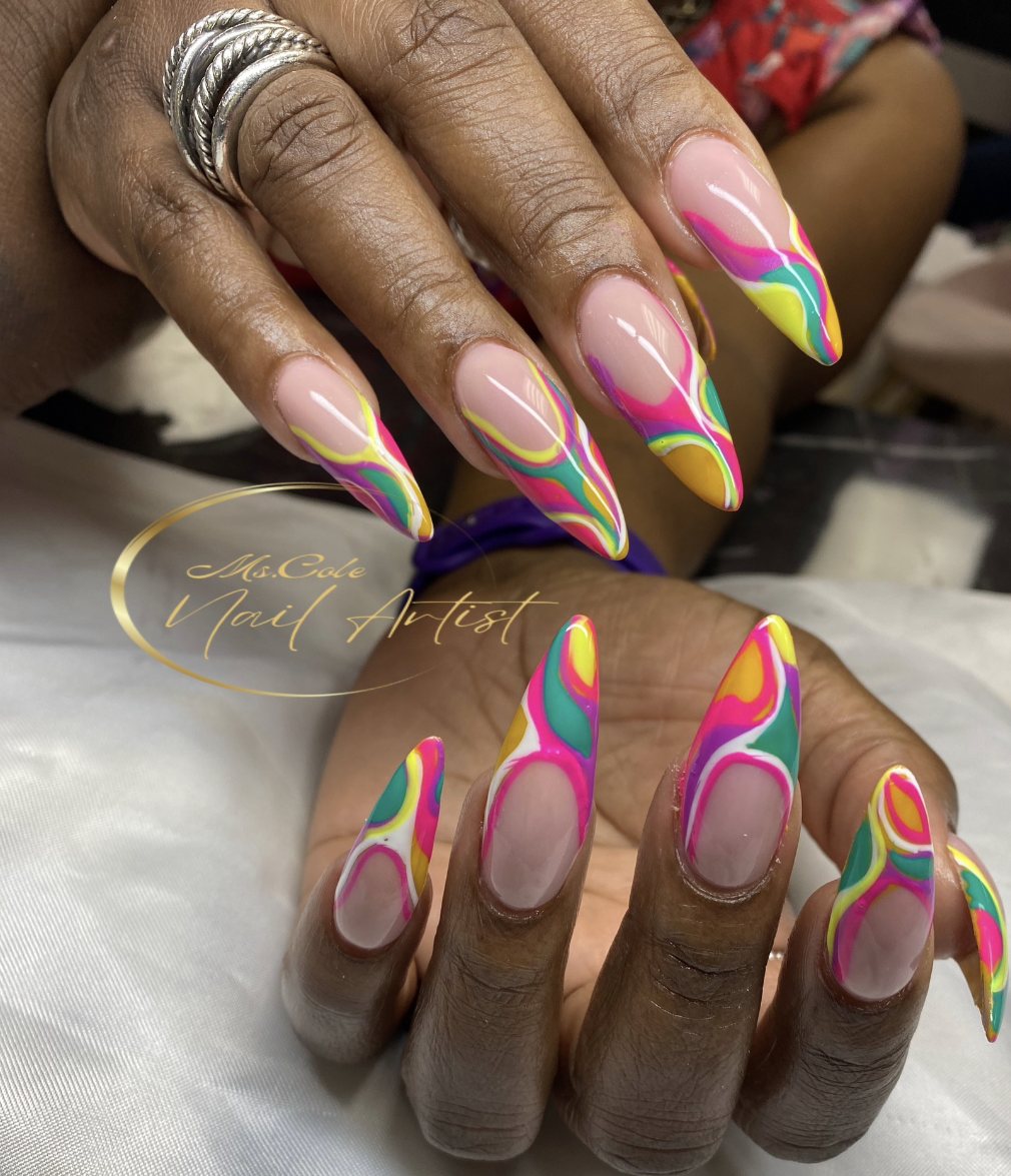 Almond nails with neon multicolour swirl art